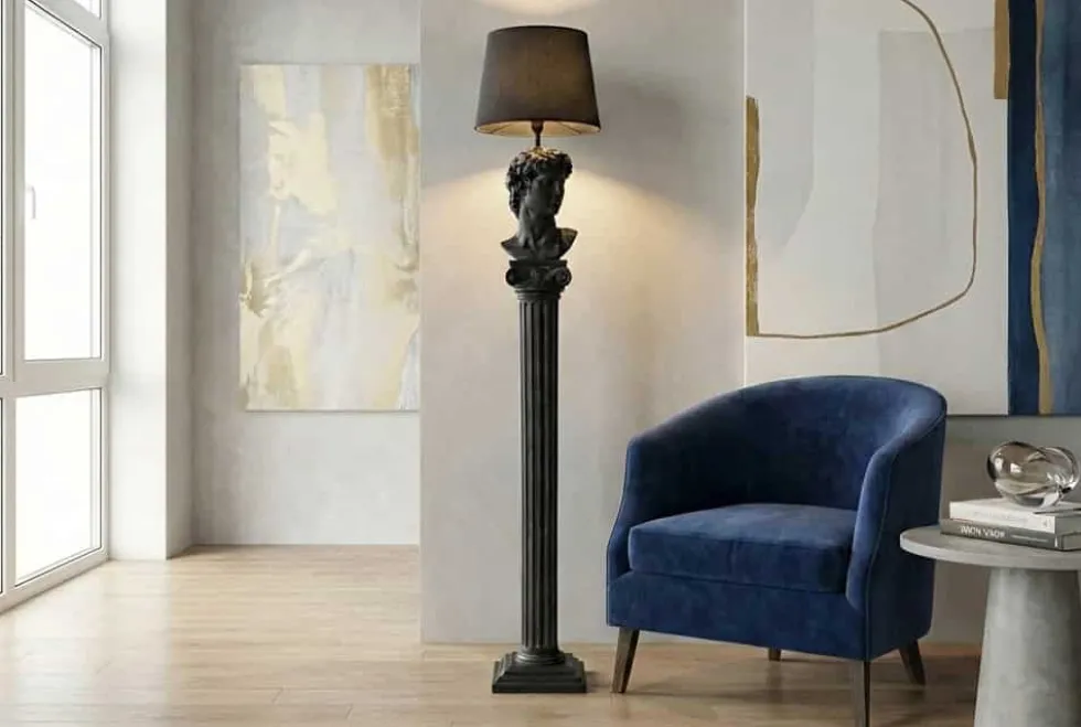 Handgefertigte Stehlampe DAVID 120cm schwarz mit Büste Stoffschirm