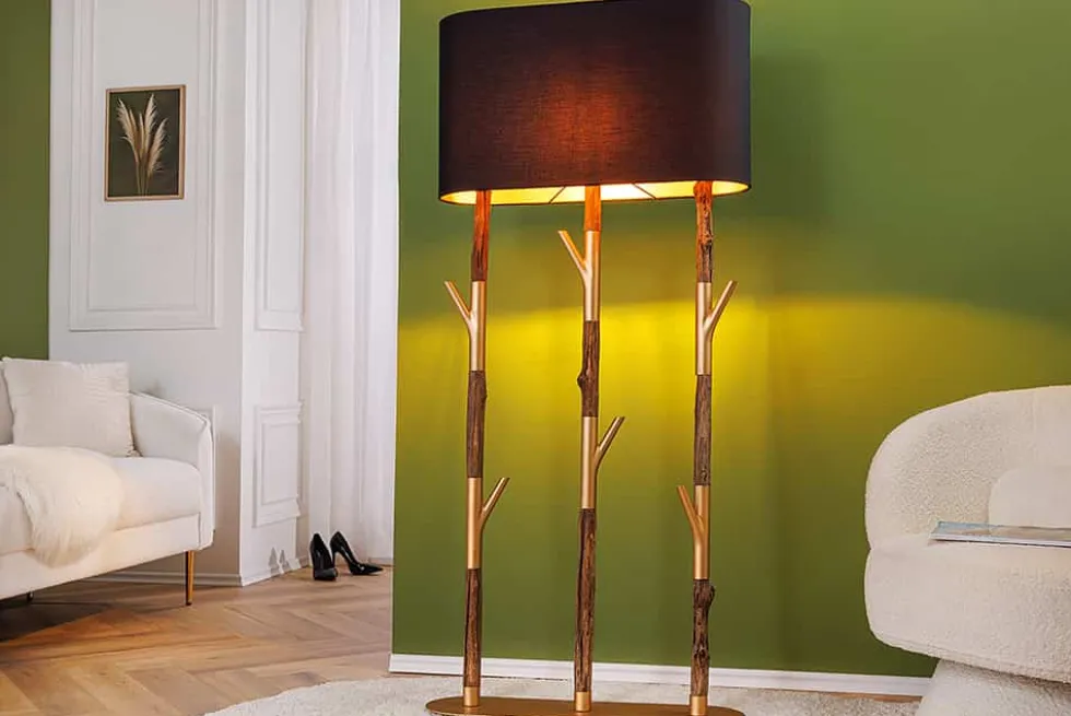 Handgefertigte Stehlampe WARDROBE 155cm schwarz gold natur Eisenholz Massivholz