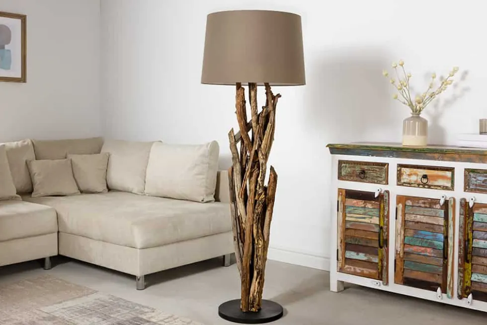 Handgefertigte Stehlampe WILD NATURE 158cm grau Treibholz Stehleuchte Leinenschirm