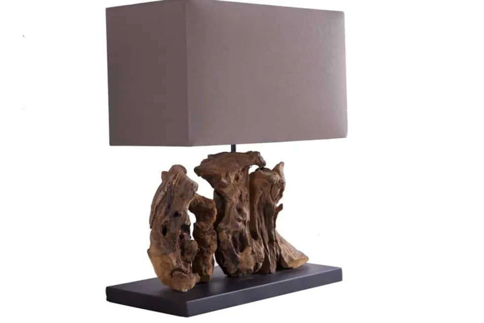 Handgefertigte Tischlampe ARAGON 50cm braun Treibholz-Fuß mit Leinenschirm