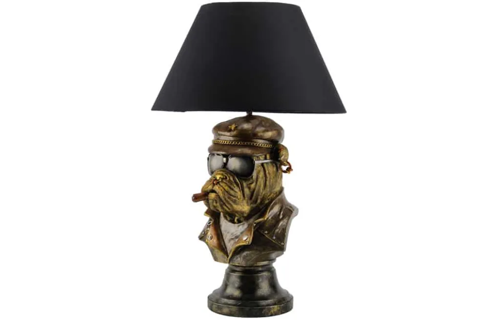 Handgefertigte Tischlampe BULLDOG 55cm bronze schwarz Stoffschirm Hunde-Skulptur