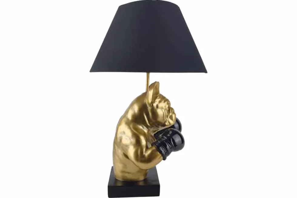 Handgefertigte Tischlampe BULLDOG 55cm schwarz gold Stoffschirm Hunde-Skulptur Boxer