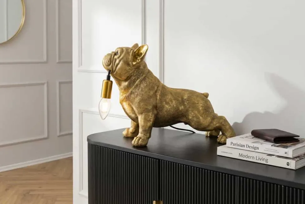 Handgefertigte Tischlampe BULLDOG 35cm gold Hunde-Skulptur