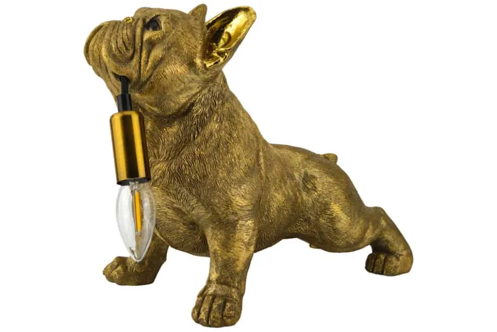 Handgefertigte Tischlampe BULLDOG 35cm gold Hunde-Skulptur