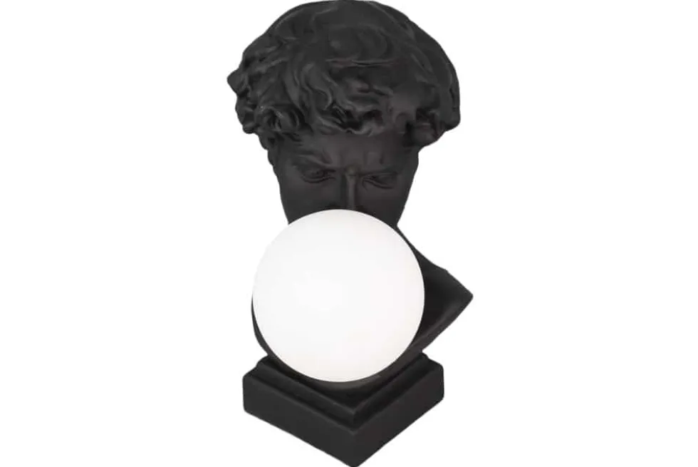 Handgefertigte Tischlampe DAVID 30cm schwarz Büste mit weißer Lampenkugel