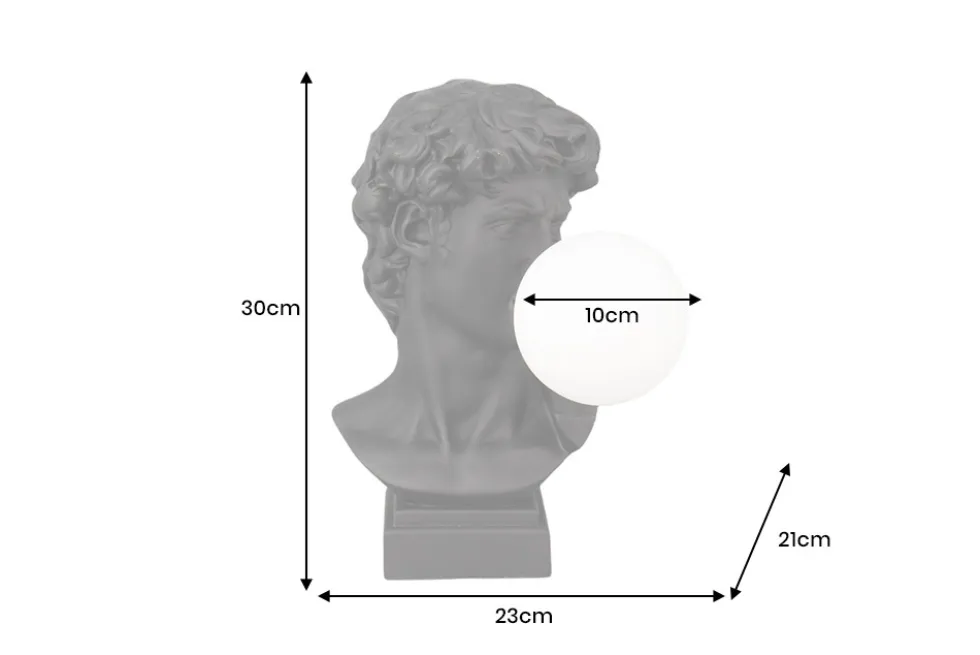 Handgefertigte Tischlampe DAVID 30cm schwarz Büste mit weißer Lampenkugel