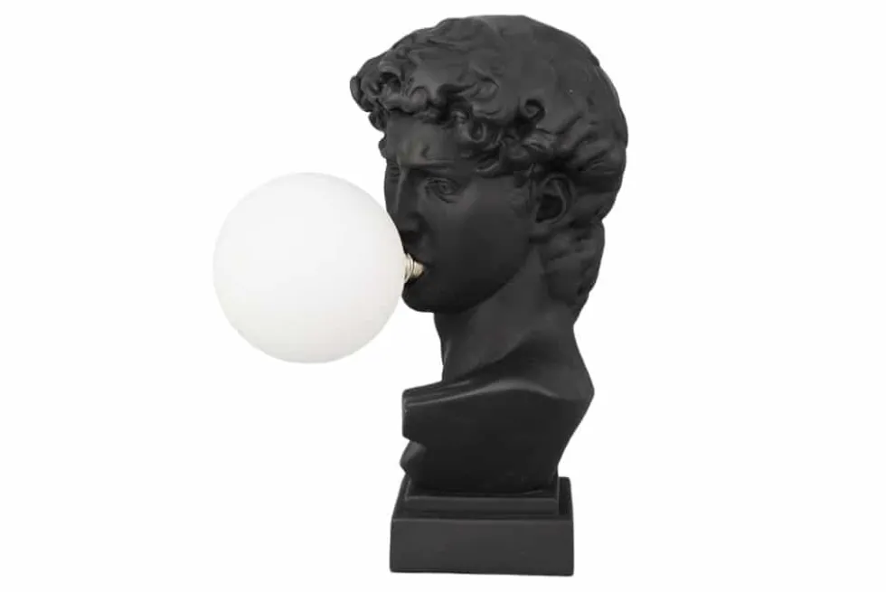 Handgefertigte Tischlampe DAVID 30cm schwarz Büste mit weißer Lampenkugel