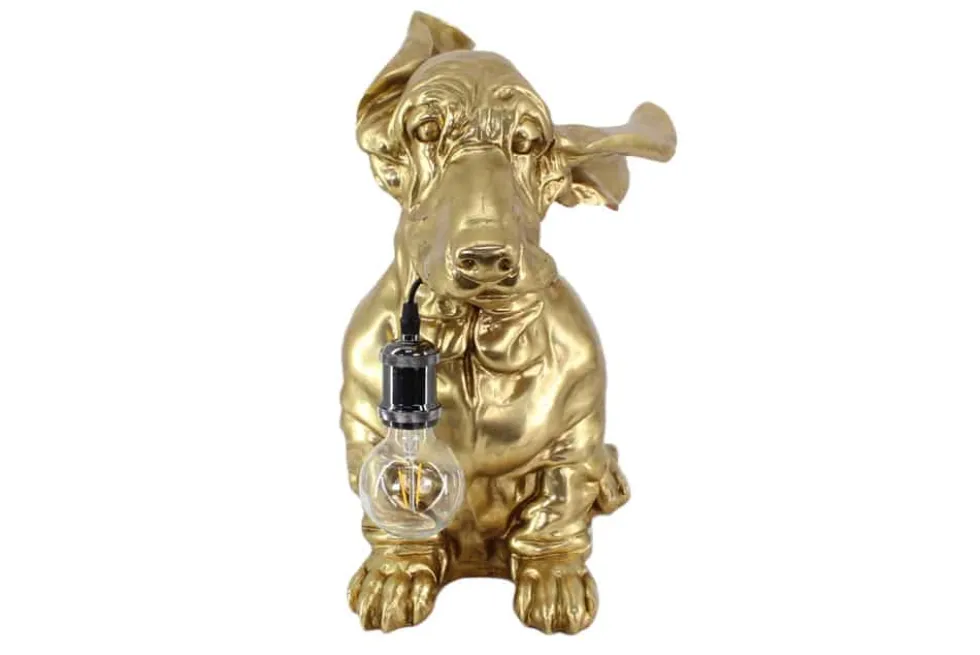 Handgefertigte Tischlampe DACKEL 70cm gold Hunde-Skulptur