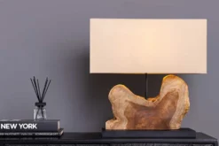 Handgefertigte Tischlampe HYPNOTIC 50cm natur Teakholz beige mit Leinenschirm