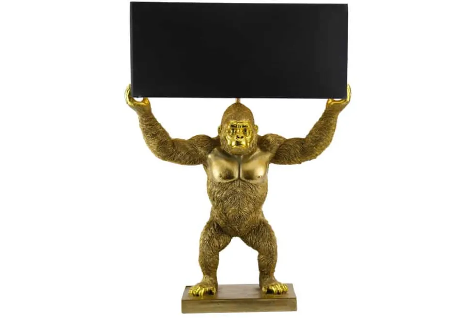 Handgefertigte Tischlampe KING APE 70cm schwarz gold Stoffschirm Affen-Skulptur