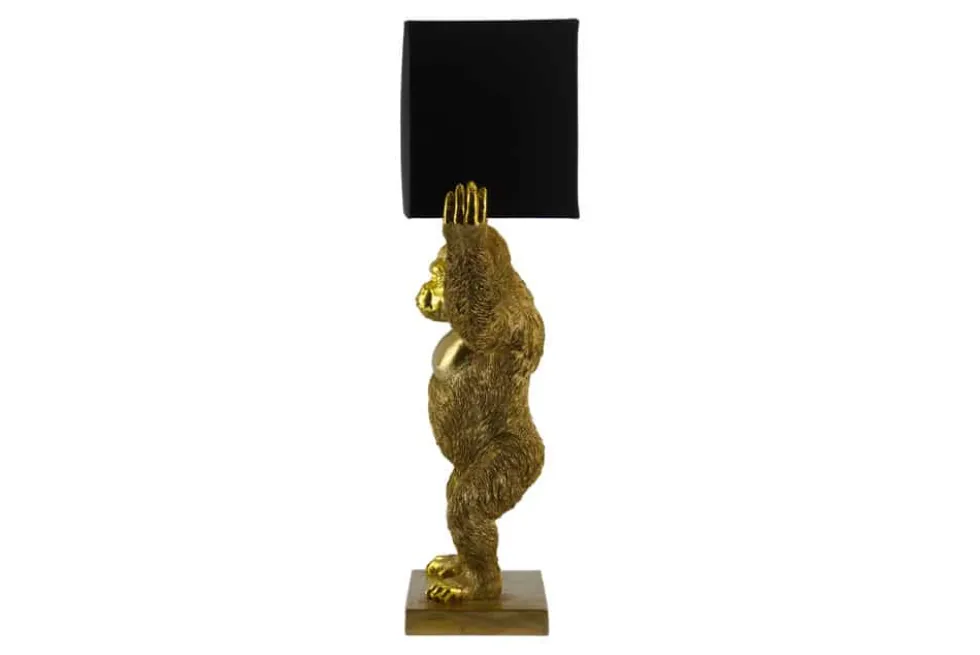 Handgefertigte Tischlampe KING APE 70cm schwarz gold Stoffschirm Affen-Skulptur