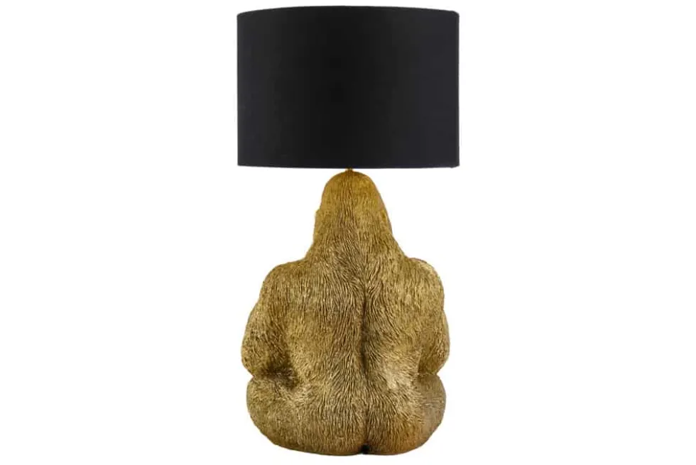 Handgefertigte Tischlampe KING APE 55cm gold schwarzer Stoffschirm Gorilla-Skulptur