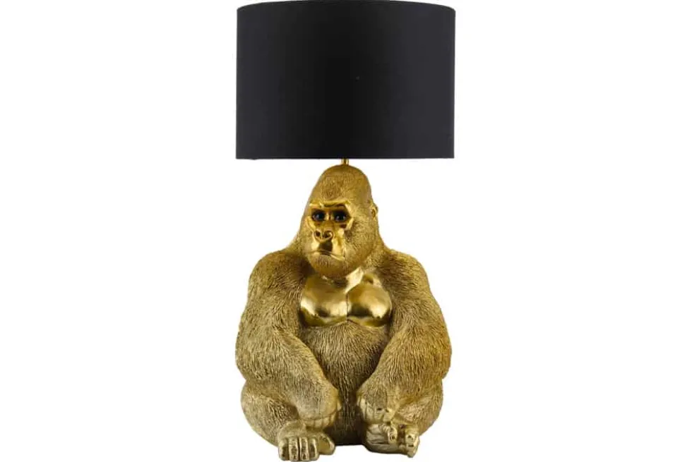 Handgefertigte Tischlampe KING APE 55cm gold schwarzer Stoffschirm Gorilla-Skulptur