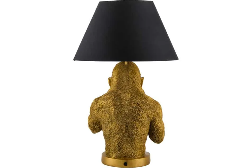Handgefertigte Tischlampe KING APE 55cm schwarz gold Stoffschirm Affen-Skulptur
