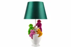 Handgefertigte Tischlampe MONKEY 60cm weiß bunt grüner Stoffschirm Affen-Skulpturen