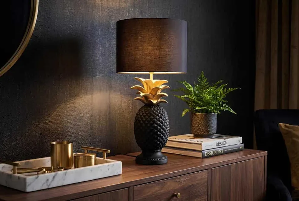 Handgefertigte Tischlampe PINEAPPLE 50cm schwarz Ananas-Design gold mit Stoffschirm