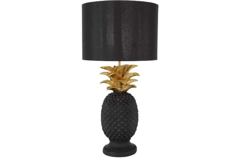 Handgefertigte Tischlampe PINEAPPLE 50cm schwarz Ananas-Design gold mit Stoffschirm