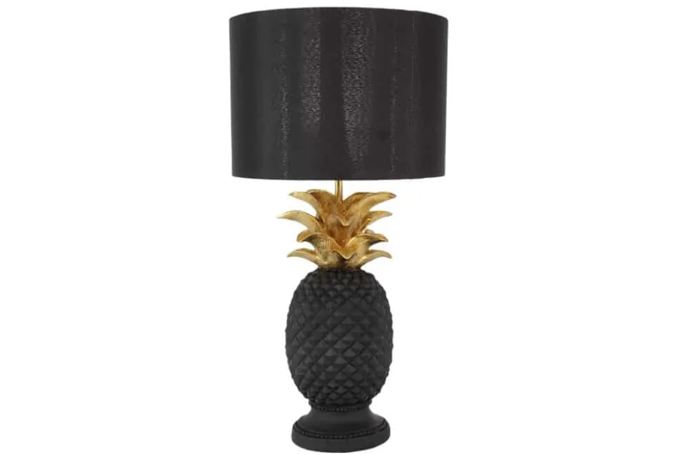 Handgefertigte Tischlampe PINEAPPLE 50cm schwarz Ananas-Design gold mit Stoffschirm