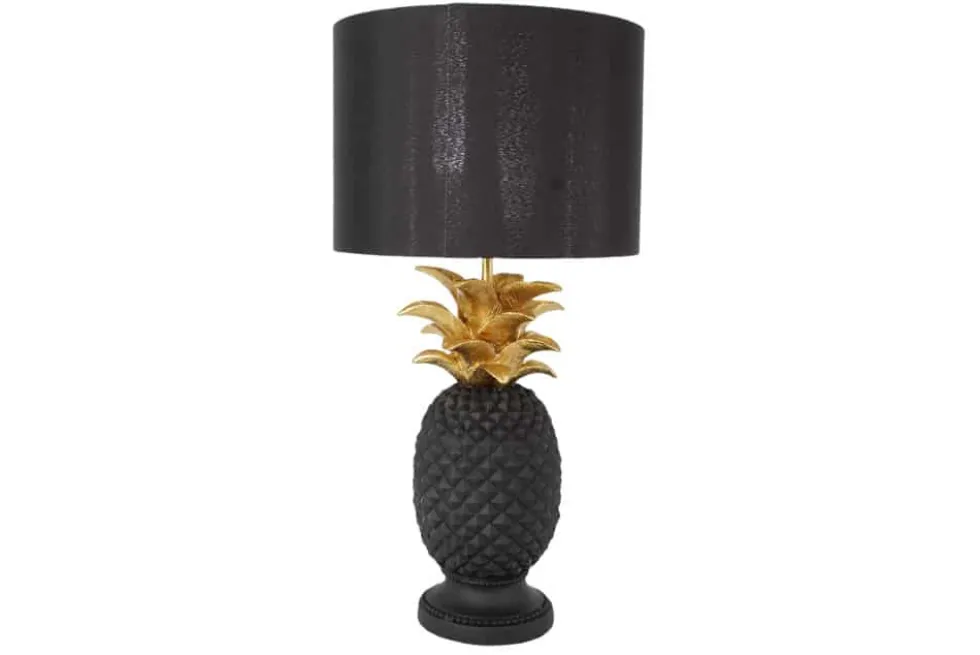Handgefertigte Tischlampe PINEAPPLE 50cm schwarz Ananas-Design gold mit Stoffschirm