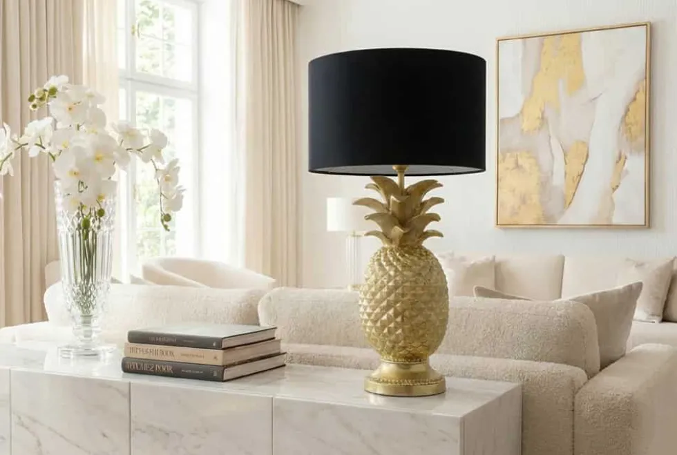 Handgefertigte Tischlampe PINEAPPLE 50cm gold schwarz Ananas-Design mit Stoffschirm