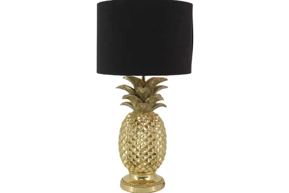 Handgefertigte Tischlampe PINEAPPLE 50cm gold schwarz Ananas-Design mit Stoffschirm