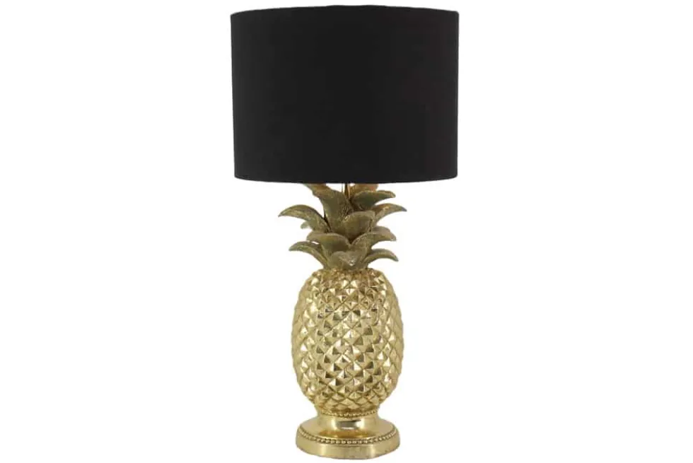 Handgefertigte Tischlampe PINEAPPLE 50cm gold schwarz Ananas-Design mit Stoffschirm