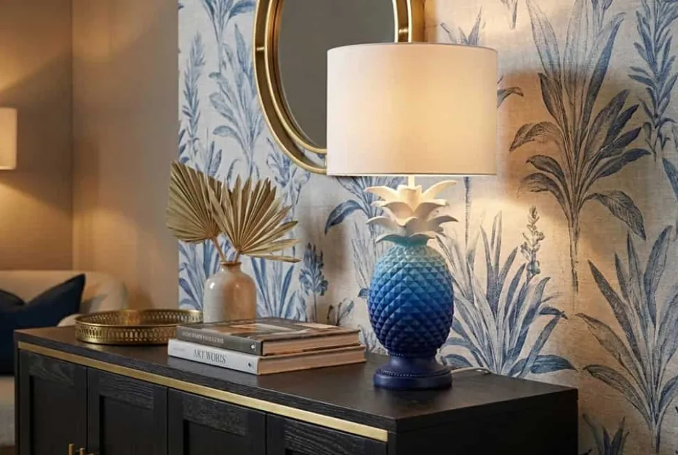 Handgefertigte Tischlampe PINEAPPLE 50cm blau weiß Ananas-Design mit Stoffschirm