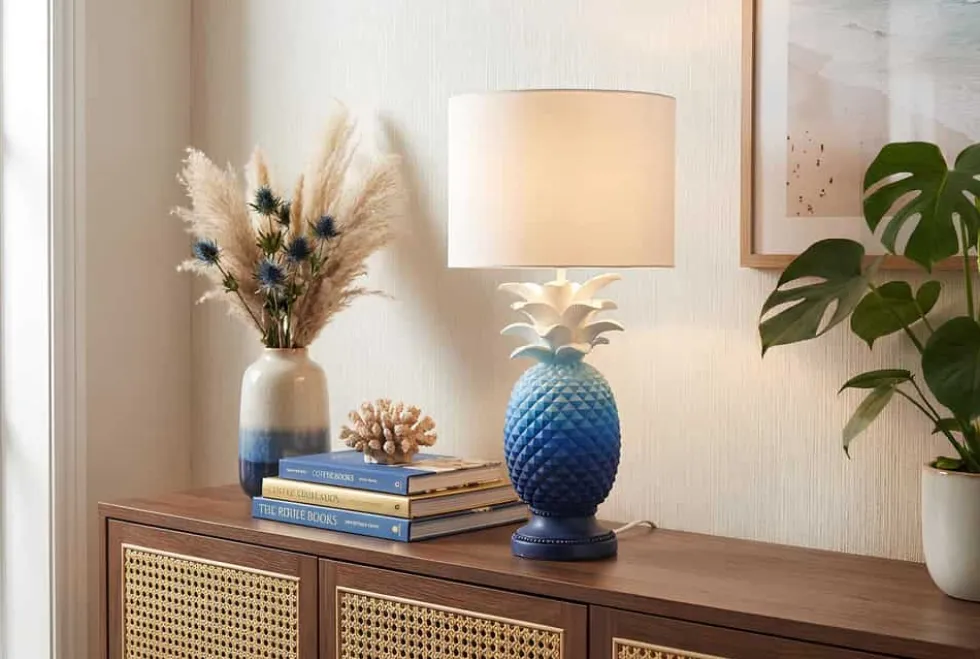 Handgefertigte Tischlampe PINEAPPLE 50cm blau weiß Ananas-Design mit Stoffschirm
