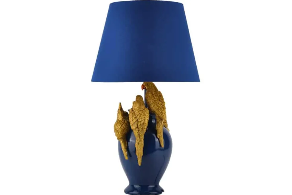 Handgefertigte Tischlampe PARROT 55cm blau gold Papagei-Skulptur Stoffschirm