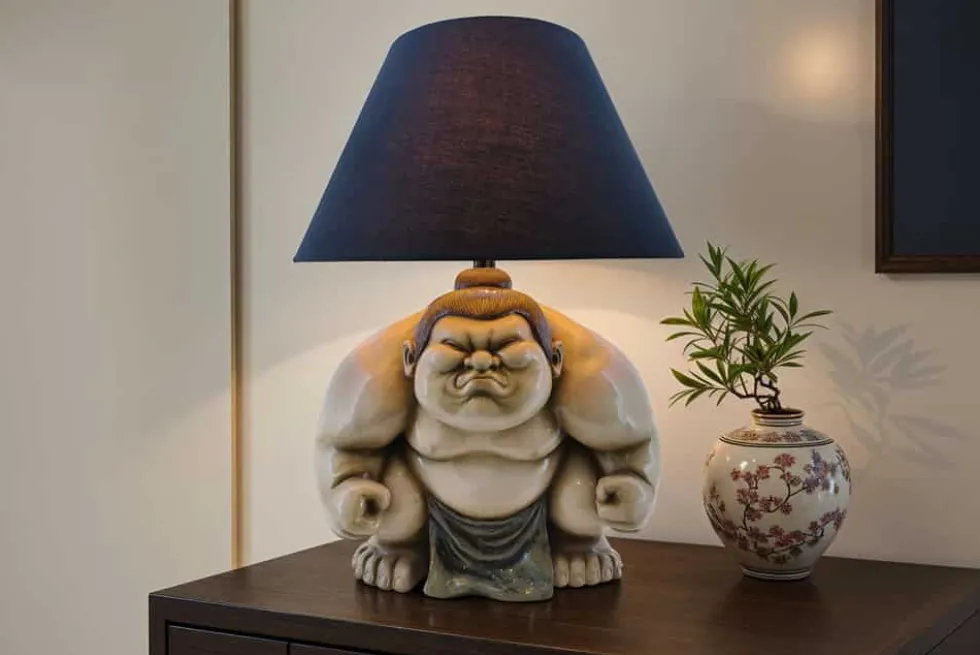 Handgefertigte Tischlampe SUMO 50cm schwarz Skulptur Stoffschirm