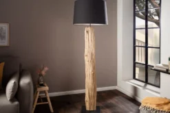 Handmade Stehlampe ROUSILIQUE 180cm schwarz Treibholzlampe Leinenschirm Baumstamm