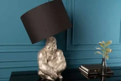 Handmade Tischlampe KONG 60cm silber Metall Affe Gorilla Dekoleuchte schwarzer Lampenschirm