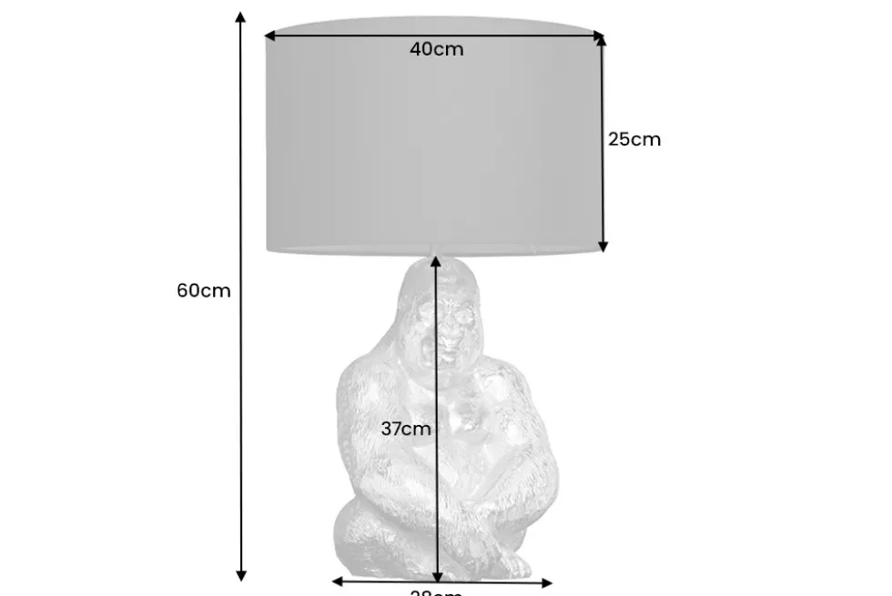 Handmade Tischlampe KONG 60cm silber Metall Affe Gorilla Dekoleuchte schwarzer Lampenschirm