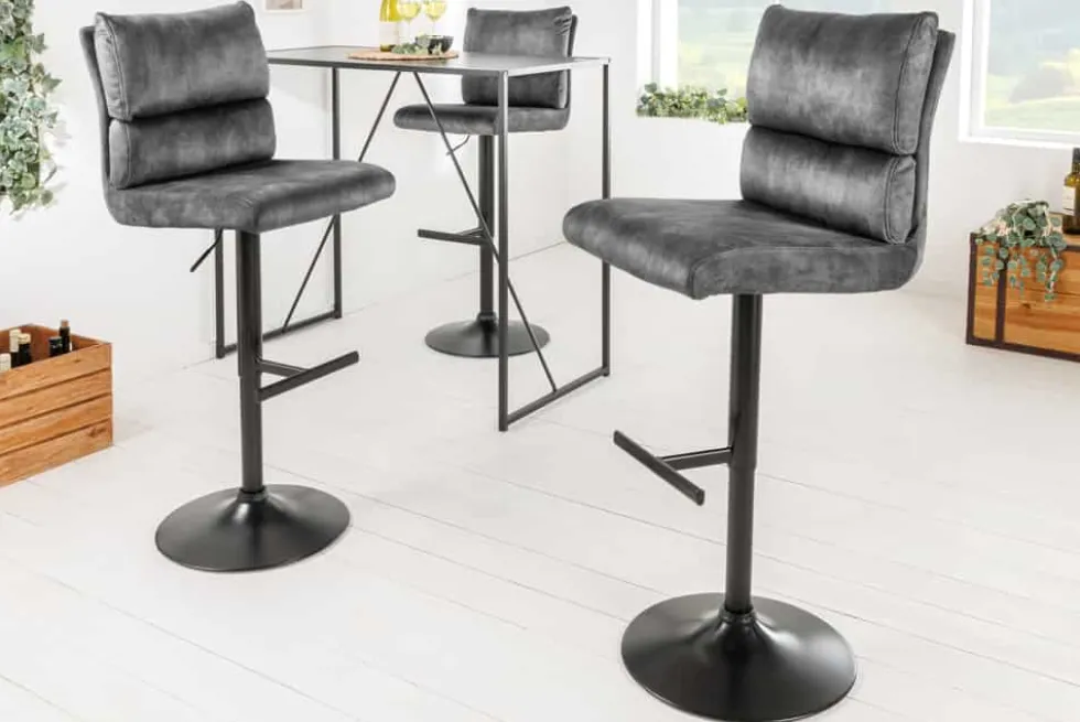 Höhenverstellbarer Barhocker COMFORT dunkelgrau Samt drehbar mit Lehne Metall schwarz