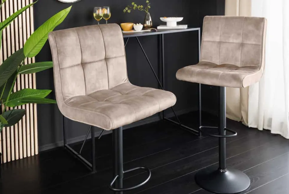 Höhenverstellbarer Barhocker MODENA champagner beige Samt Metall schwarz drehbar