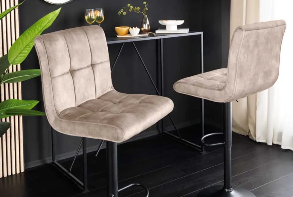 Höhenverstellbarer Barhocker MODENA champagner beige Samt Metall schwarz drehbar