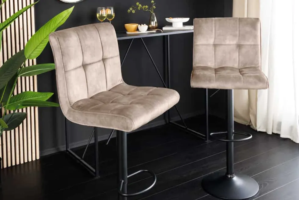 Höhenverstellbarer Barhocker MODENA champagner beige Samt Metall schwarz drehbar