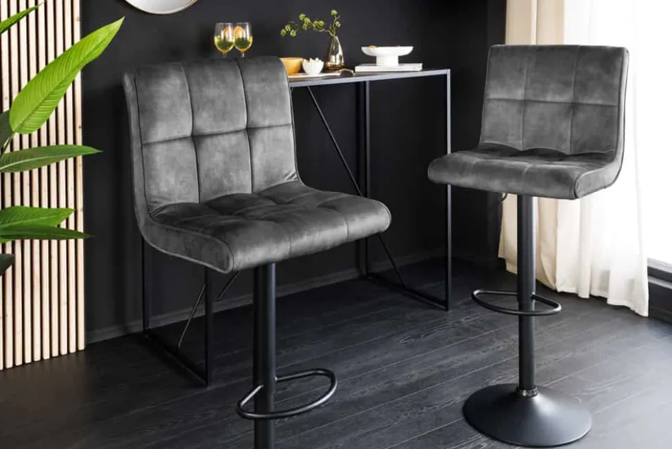 Höhenverstellbarer Barhocker MODENA grau Samt Metall schwarz drehbar
