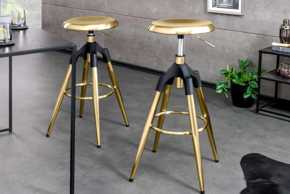 Höhenverstellbarer Barhocker INDUSTRIAL gold schwarz Metall rund drehbar Industrial Design