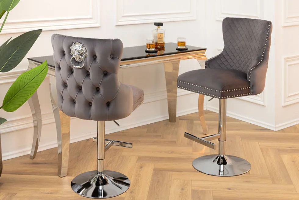 Höhenverstellbarer Barhocker CASTLE DELUXE grau Samt silber Edelstahl Löwenkopf