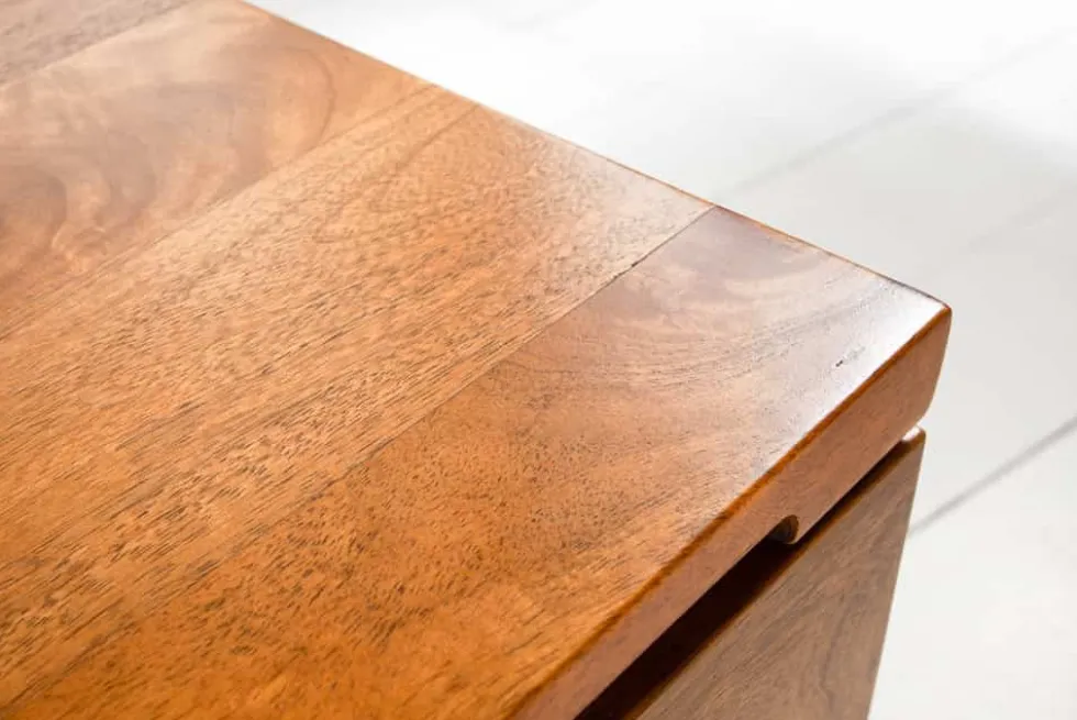 Höhenverstellbarer Couchtisch FACTORY LIFTUP 80cm Mangoholz massiv mit Stauraum Metall