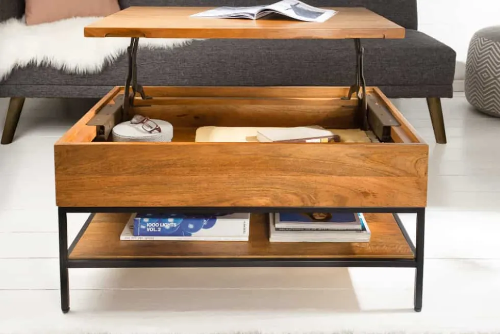 Höhenverstellbarer Couchtisch FACTORY LIFTUP 80cm Mangoholz massiv mit Stauraum Metall