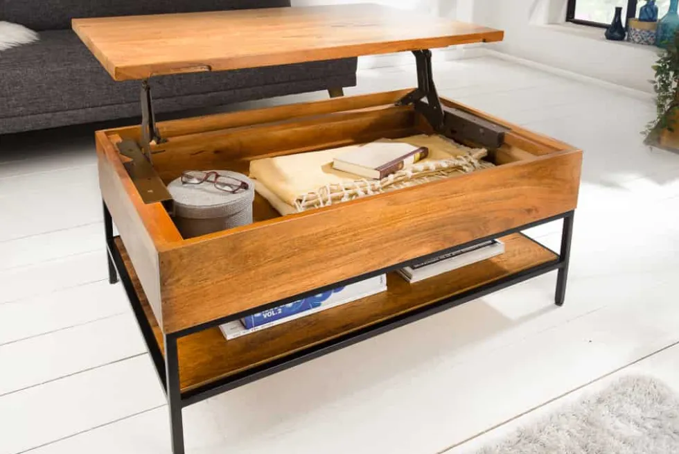 Höhenverstellbarer Couchtisch FACTORY LIFTUP 80cm Mangoholz massiv mit Stauraum Metall