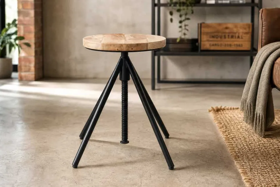 Höhenverstellbarer Hocker FACTORY 60cm natur Mangoholz Metall Sitzhocker