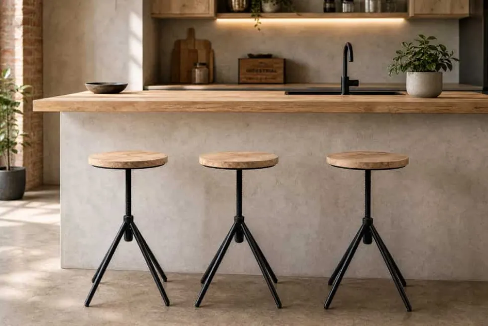 Höhenverstellbarer Hocker FACTORY 60cm natur Mangoholz Metall Sitzhocker