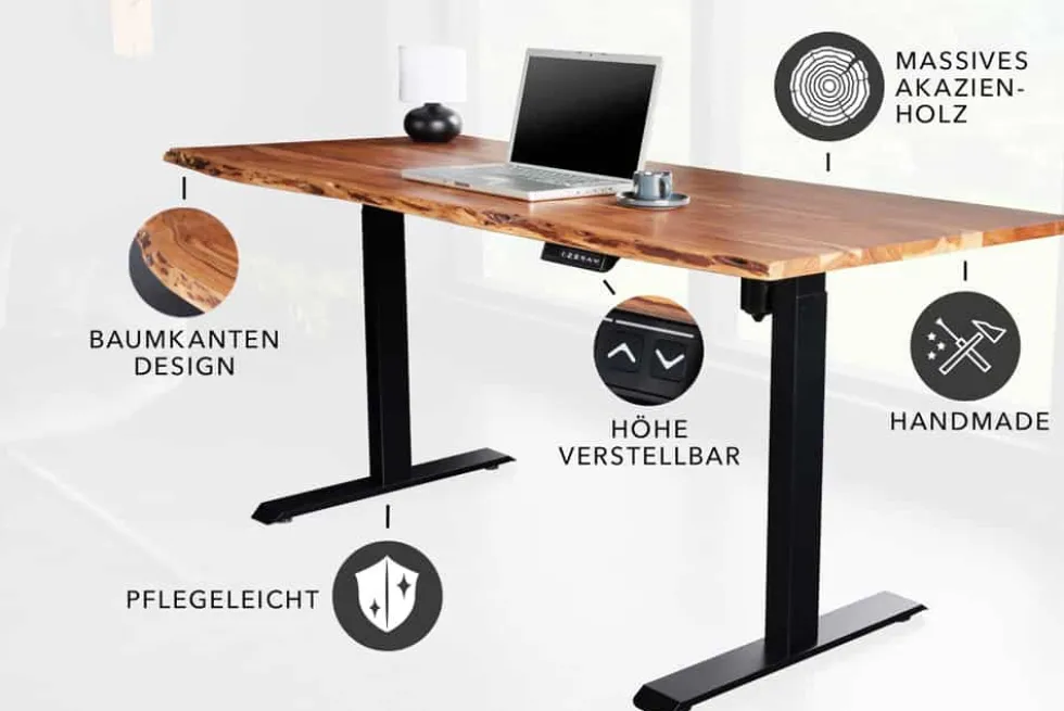 Höhenverstellbarer Schreibtisch MAMMUT 140cm natur Akazie Massivholz Baumkante