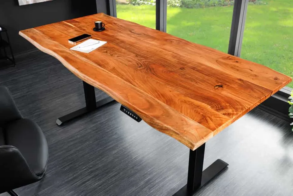 Höhenverstellbarer Schreibtisch MAMMUT 140cm natur Akazie Massivholz Baumkante