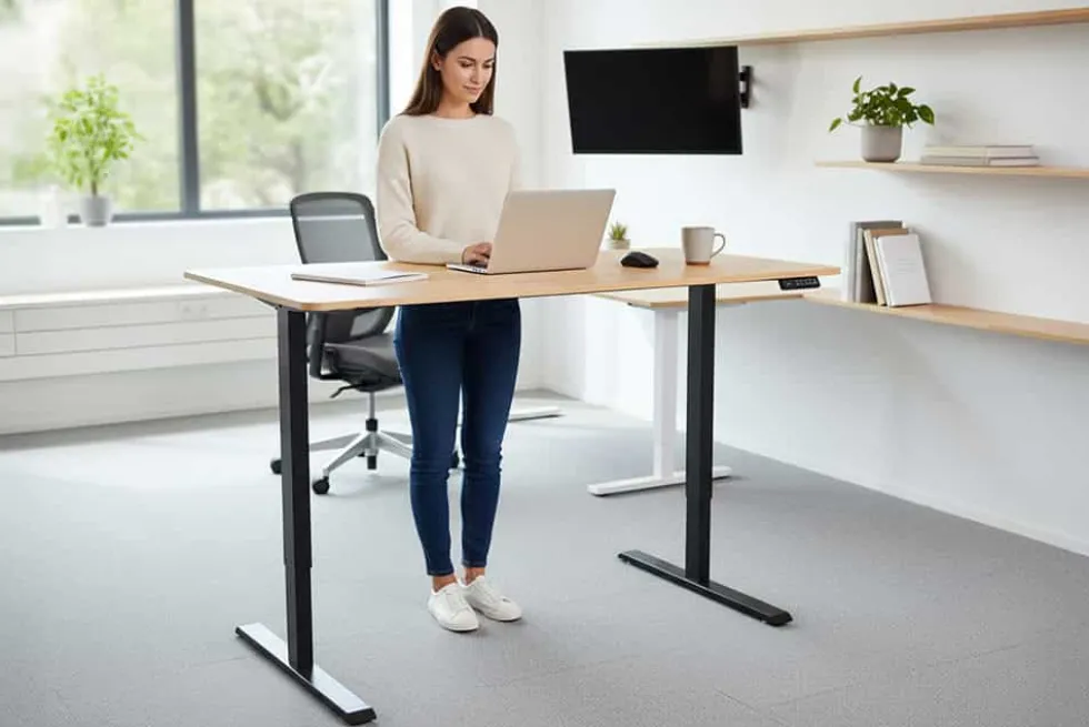 Höhenverstellbarer Schreibtisch OAK DESK 140cm natur Eiche-Design schwarzes Metallgestell