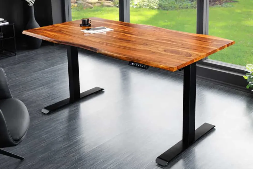 Höhenverstellbarer Schreibtisch MAMMUT 160cm natur Sheesham Massivholz Baumkante
