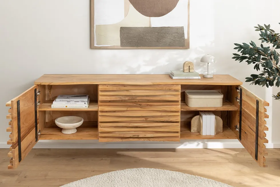 Hängendes Sideboard RELIEF 175cm natur Akazie Massivholz mit Schubladen